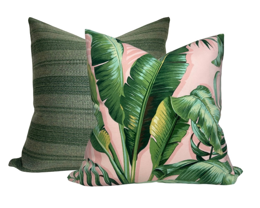 Palm Leaf Pillow Cover in Pink + Green