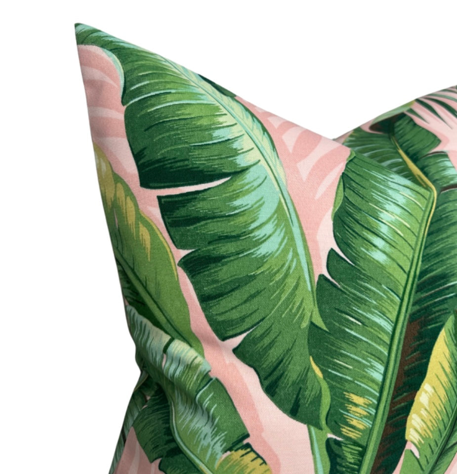 Palm Leaf Pillow Cover in Pink + Green