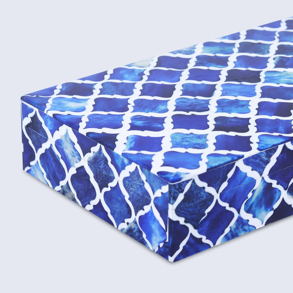 Moroccan Blue & White Resin & Bone Inlay Decorative Storage Box — (7 Sizes)