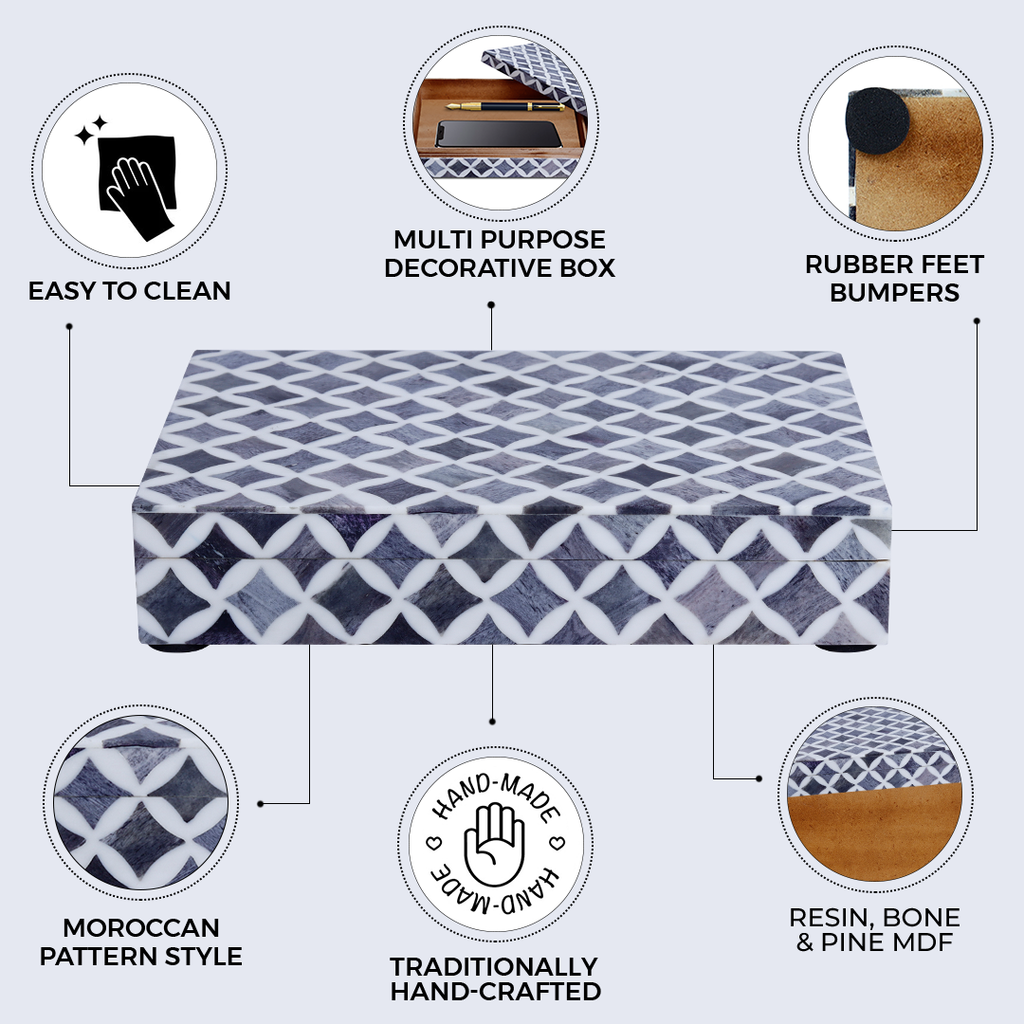 Decorative Storage Box Star Pattern  Bone & Resin Inlay - Grey, 7 Sizes