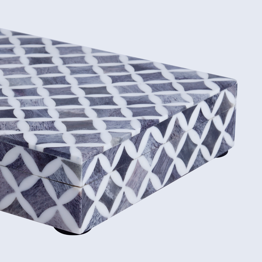 Decorative Storage Box Star Pattern  Bone & Resin Inlay - Grey, 7 Sizes