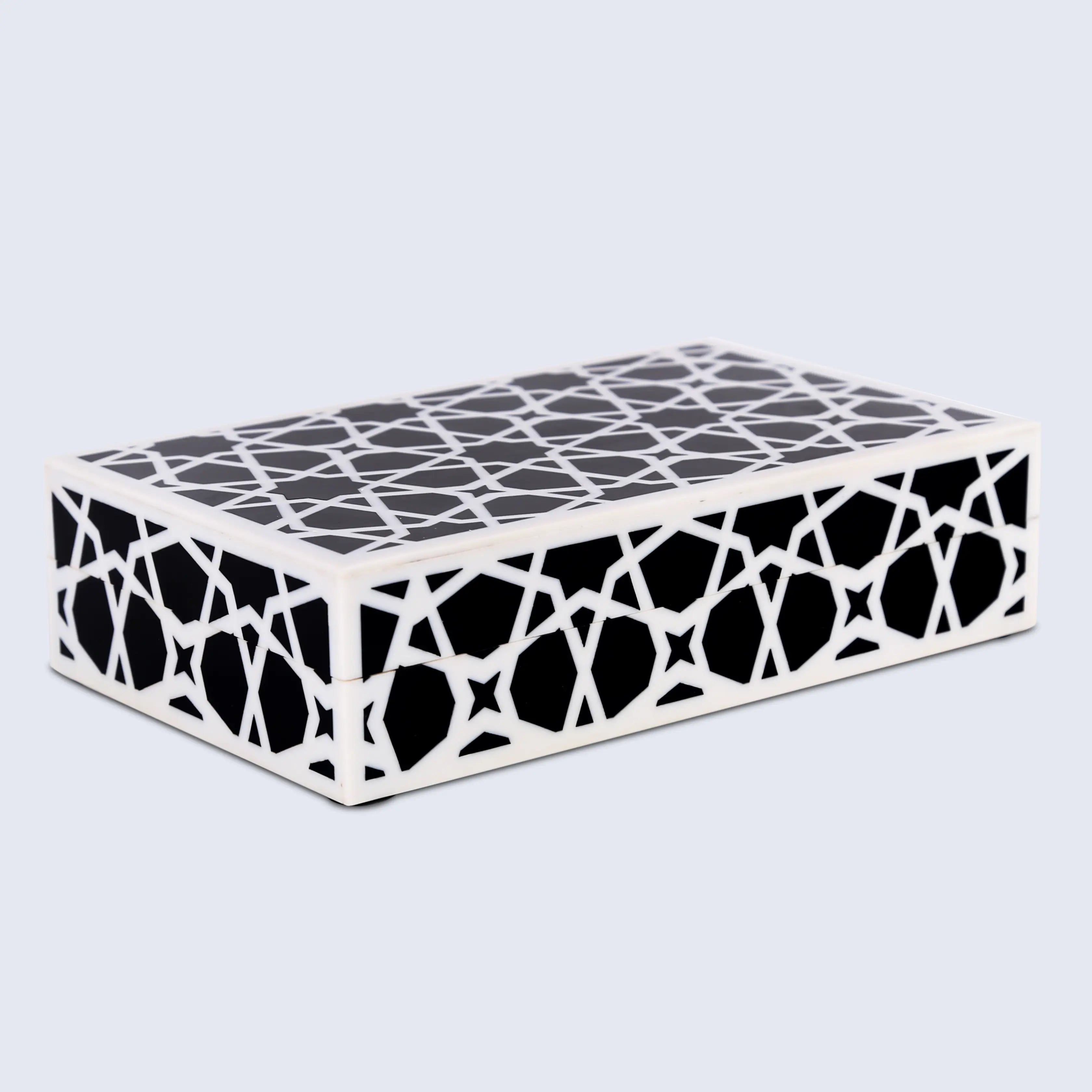 Decorative Storage Box Zellij Collection Resin Inlay, Black-White, 7 Sizes