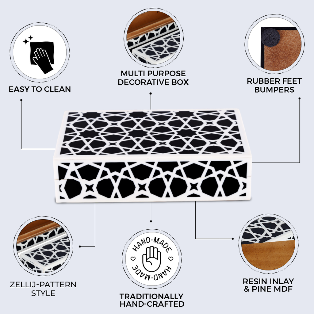 Decorative Storage Box Zellij Collection Resin Inlay, Black-White, 7 Sizes