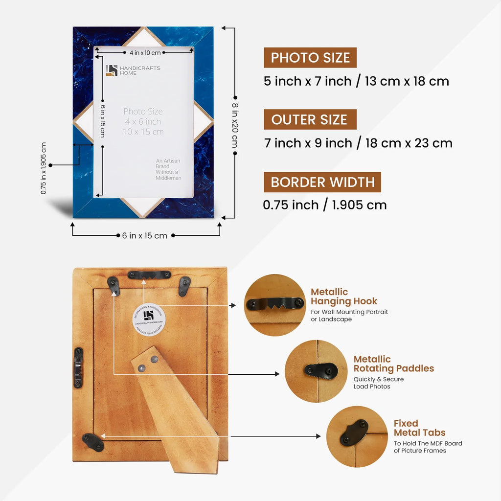 Picture Frame Menton Pattern Brass & Resin Inlay Blue – 3 Sizes