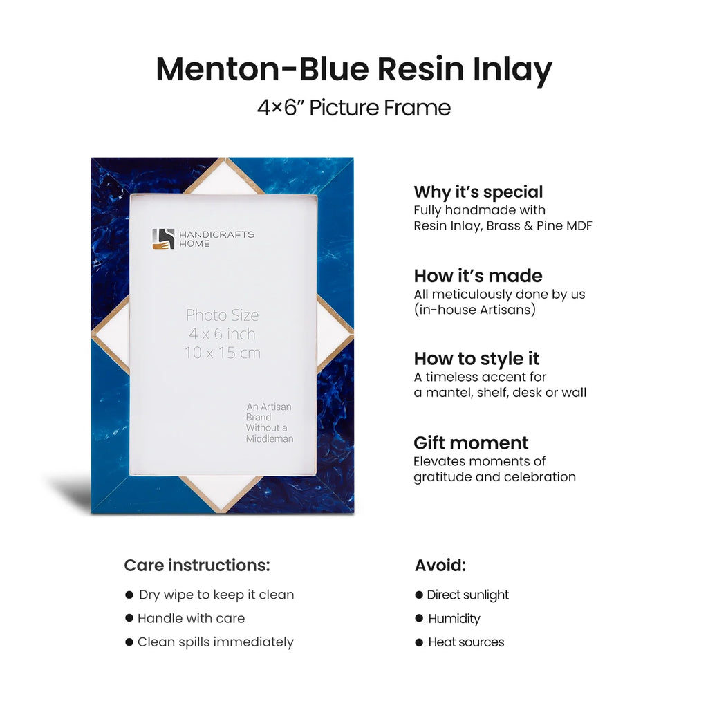 Picture Frame Menton Pattern Brass & Resin Inlay Blue – 3 Sizes