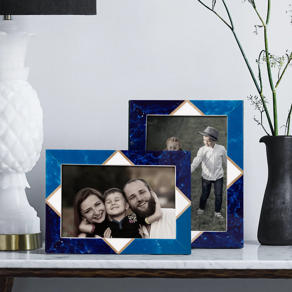 Picture Frame Menton Pattern Brass & Resin Inlay Blue – 3 Sizes