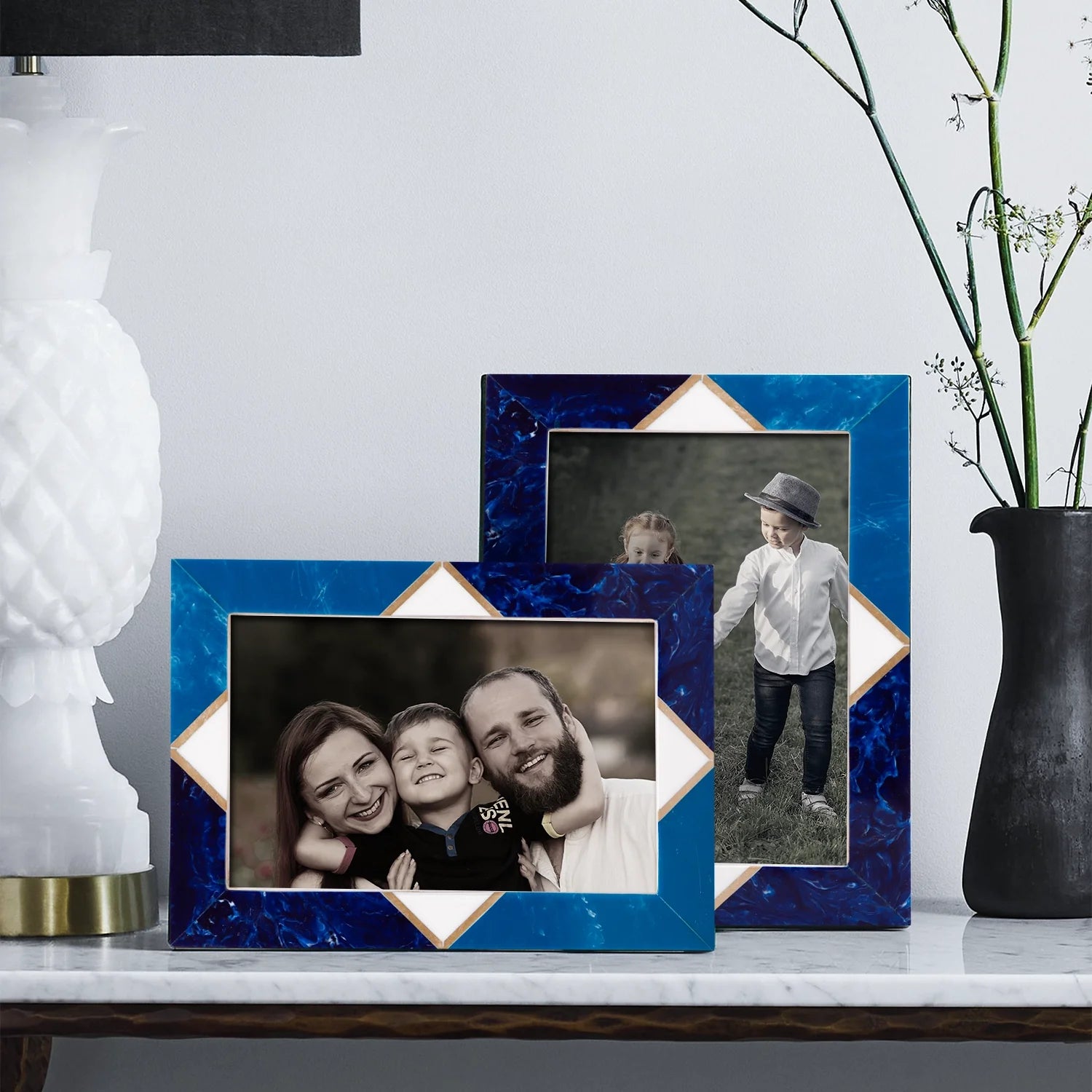 Picture Frame Menton Pattern Brass & Resin Inlay Blue – 3 Sizes