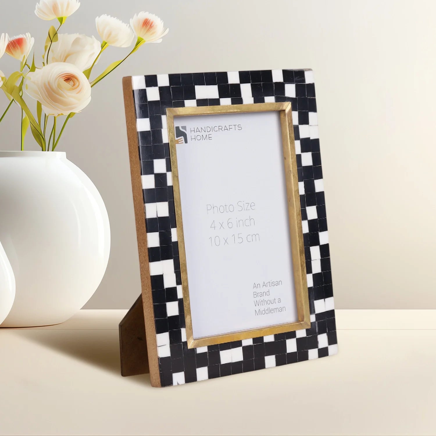 Picture Frames Halo Mosaic Collection Resin Inlay With Brass Accents, Black- 4x6