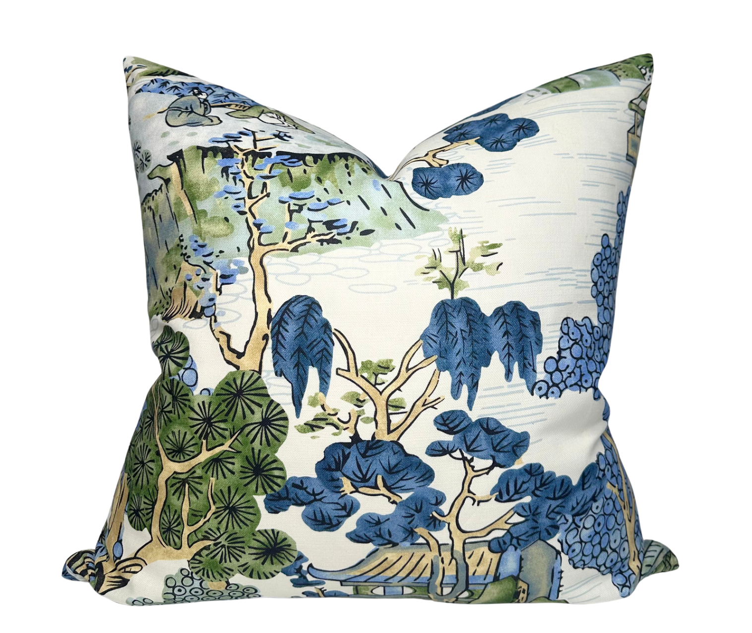 Asian Scenic Pillow Cover in Blue and Green, Thibaut Pillows
