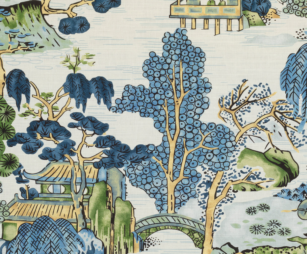 Asian Scenic Pillow Cover in Blue and Green, Thibaut Pillows