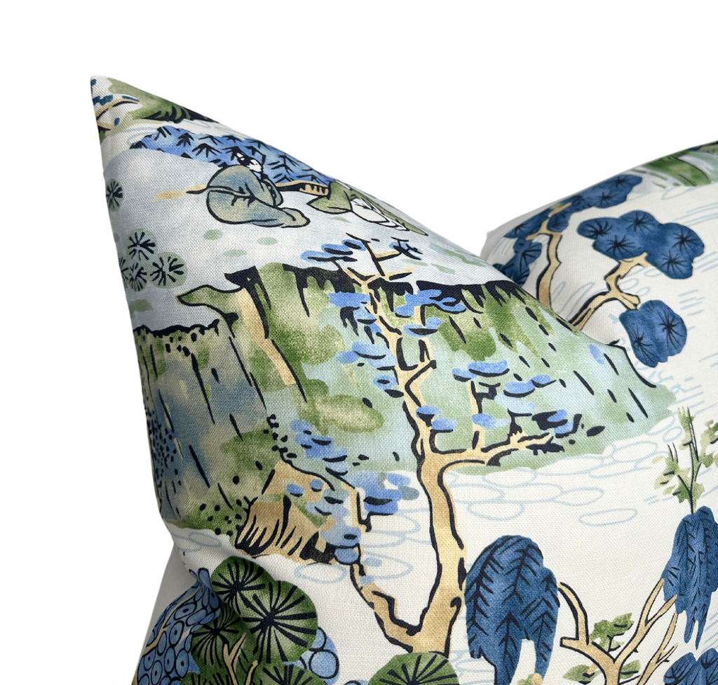 Asian Scenic Pillow Cover in Blue and Green, Thibaut Pillows