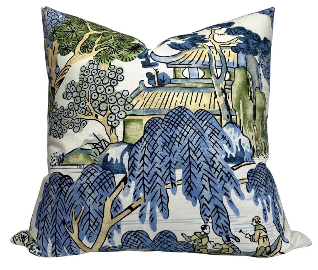 Asian Scenic Pillow Cover in Blue and Green, Thibaut Pillows
