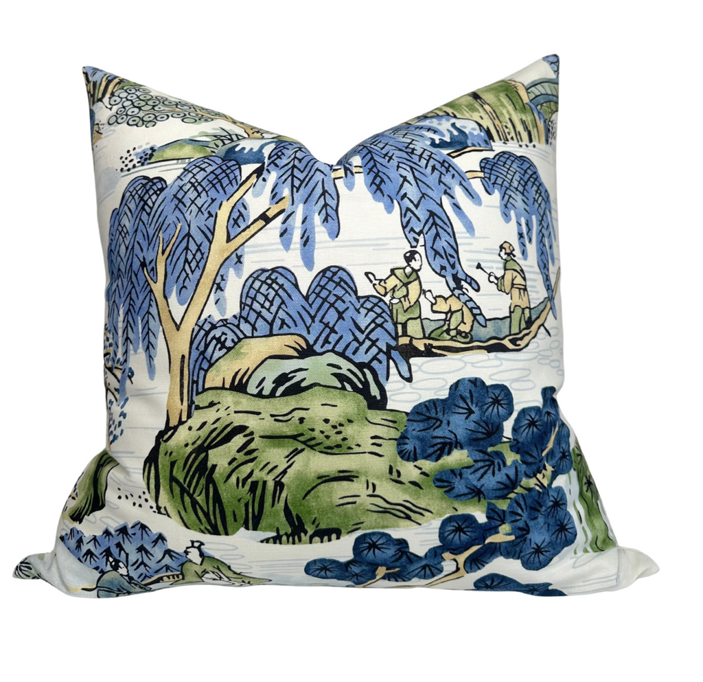 Asian Scenic Pillow Cover in Blue and Green, Thibaut Pillows