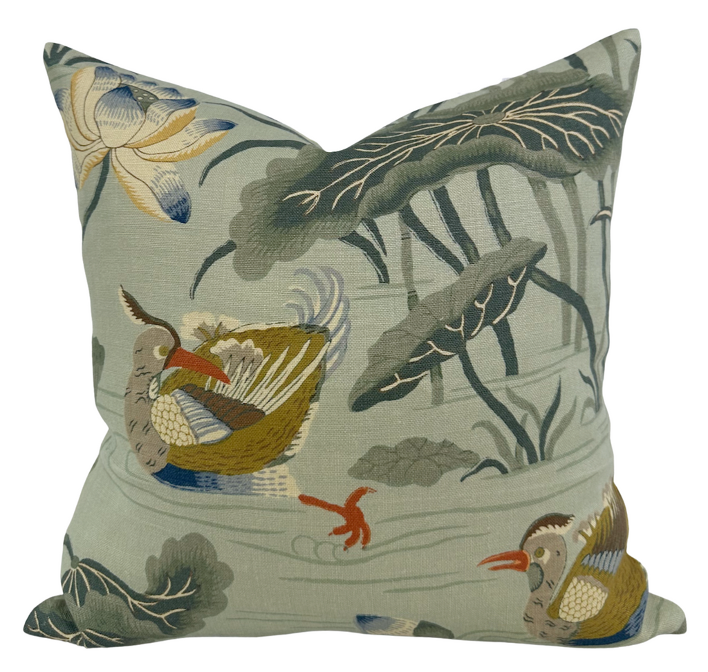Lotus Garden Pillow Cover in Aqua, Schumacher Textiles