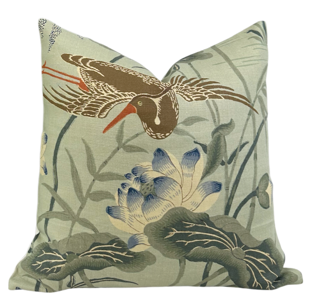 Lotus Garden Pillow Cover in Aqua, Schumacher Textiles