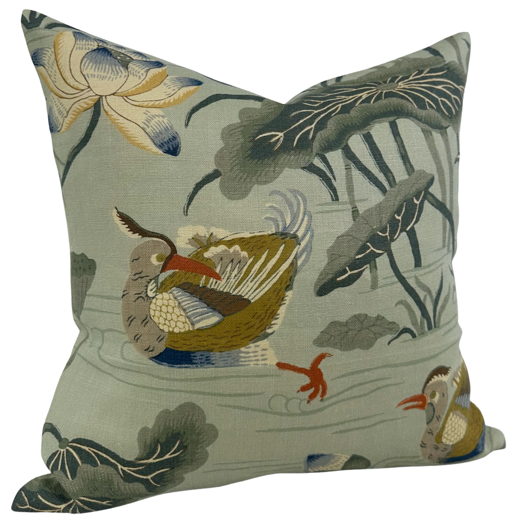 Lotus Garden Pillow Cover in Aqua, Schumacher Textiles