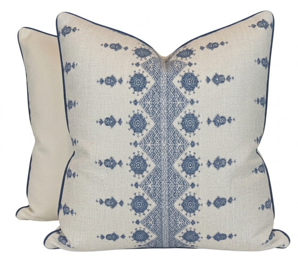Carmania Pillow Cover in Indigo on Natural, Indoor Outdoor Pillows, Peter Dunham Textiles