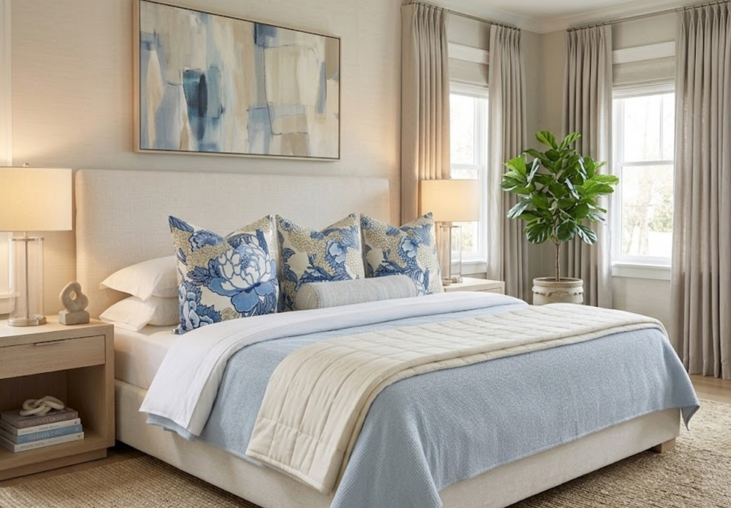 Honshu Pillow Cover in Blue and Beige, Thibaut Pillows