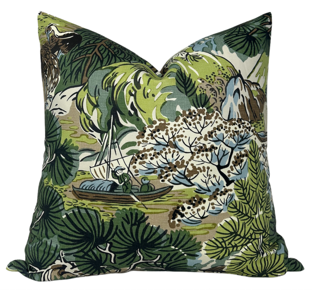 Pagoda Pillow Cover in Green + Brown, Thibaut Pillows