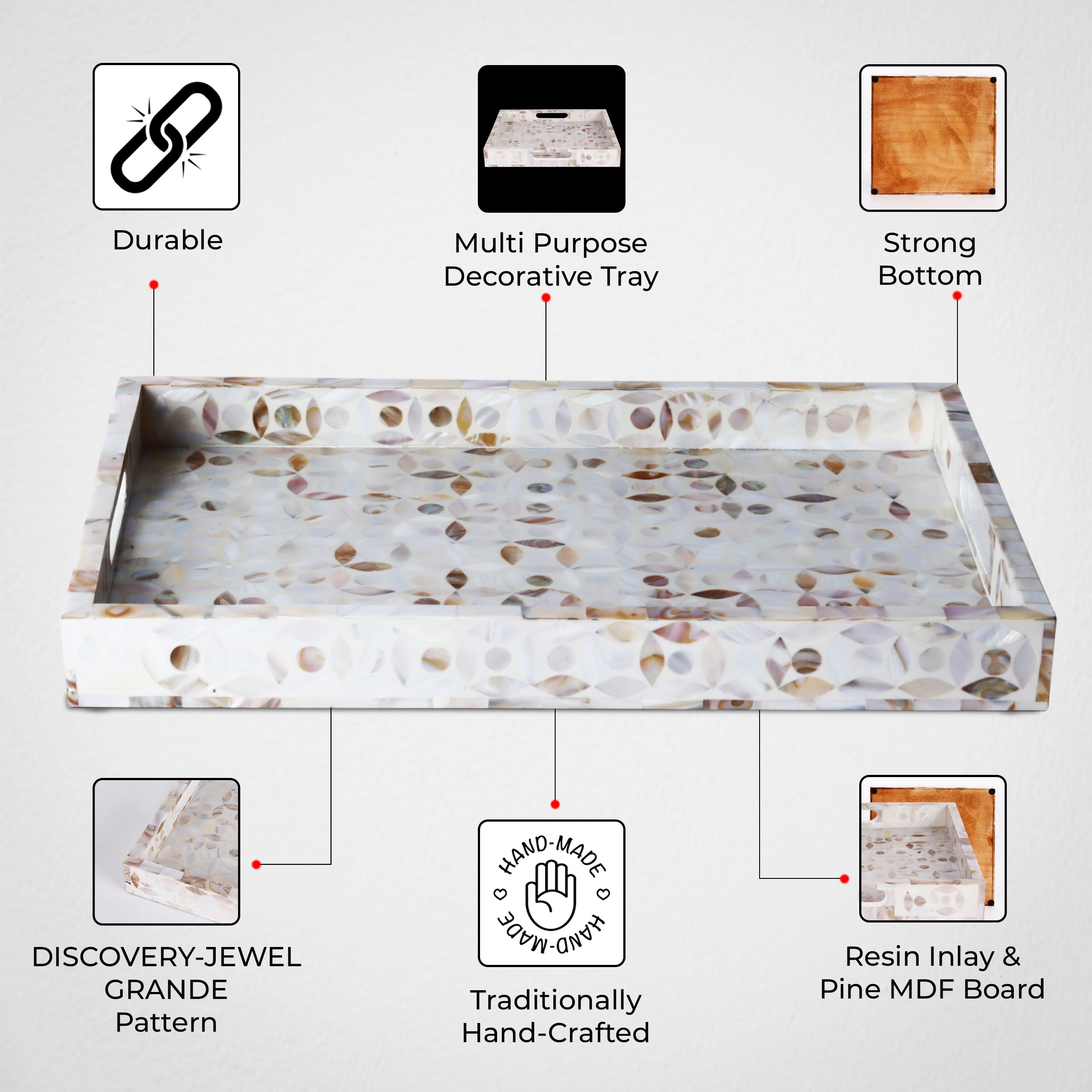 Decorative Tray Discovery Jewel Grande Pattern Mother of Pearl, White, 11" x 17" & 12" x 12"