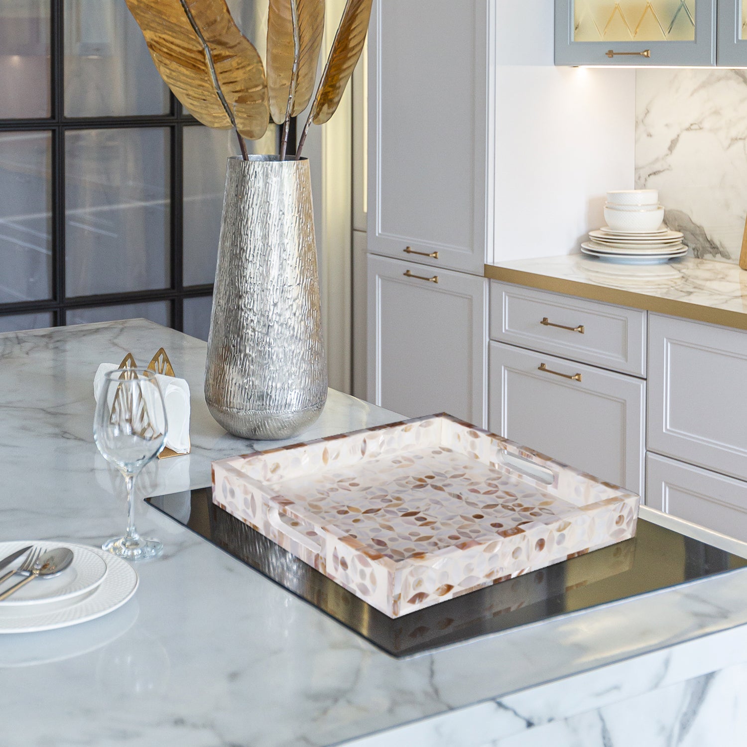 Decorative Tray Discovery Jewel Grande Pattern Mother of Pearl, White, 11" x 17" & 12" x 12"