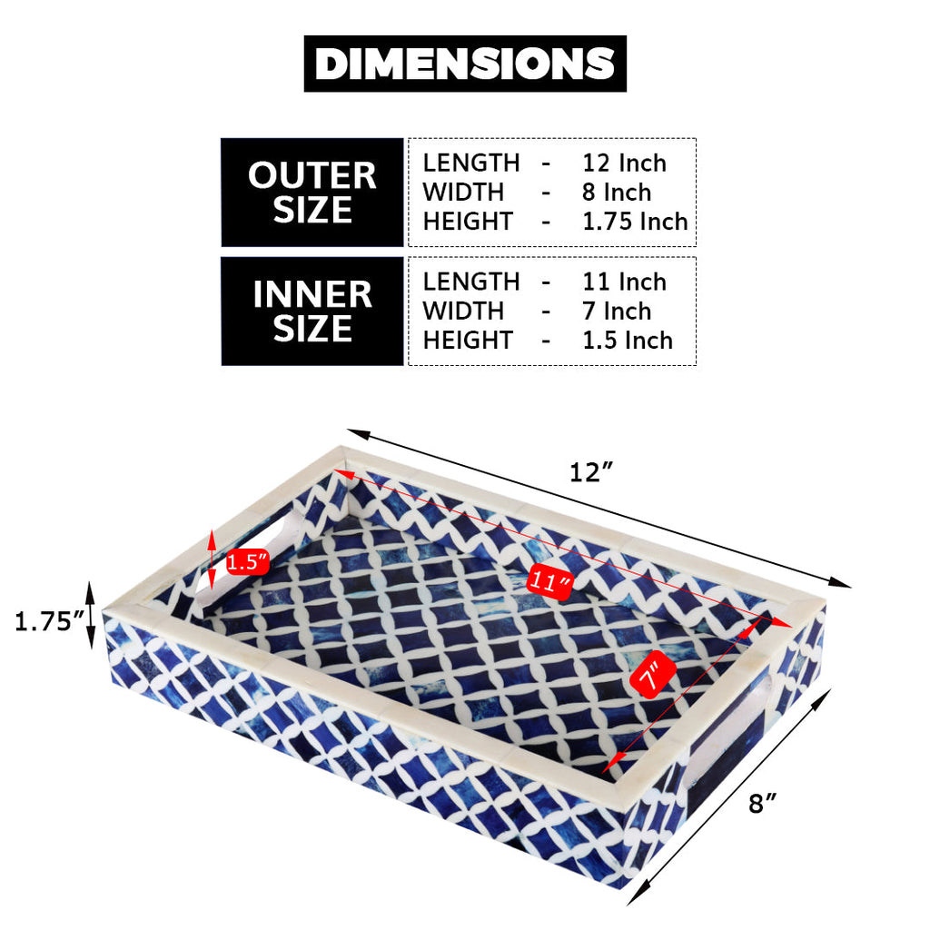 Decorative Tray Indigo Collection Bone & Resin Inlay, Blue & White, 12"x 8"