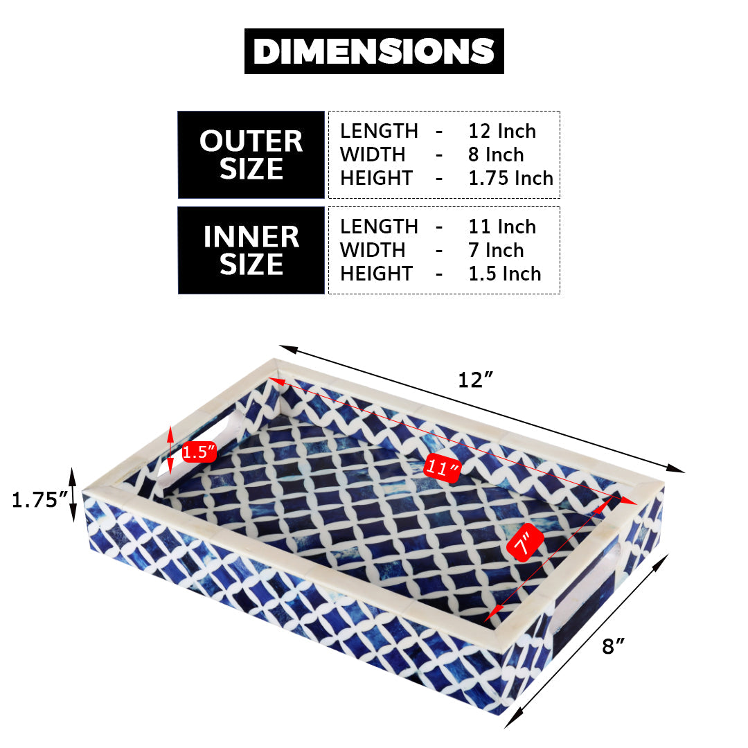 Decorative Tray Indigo Collection Bone & Resin Inlay, Blue & White, 12"x 8"