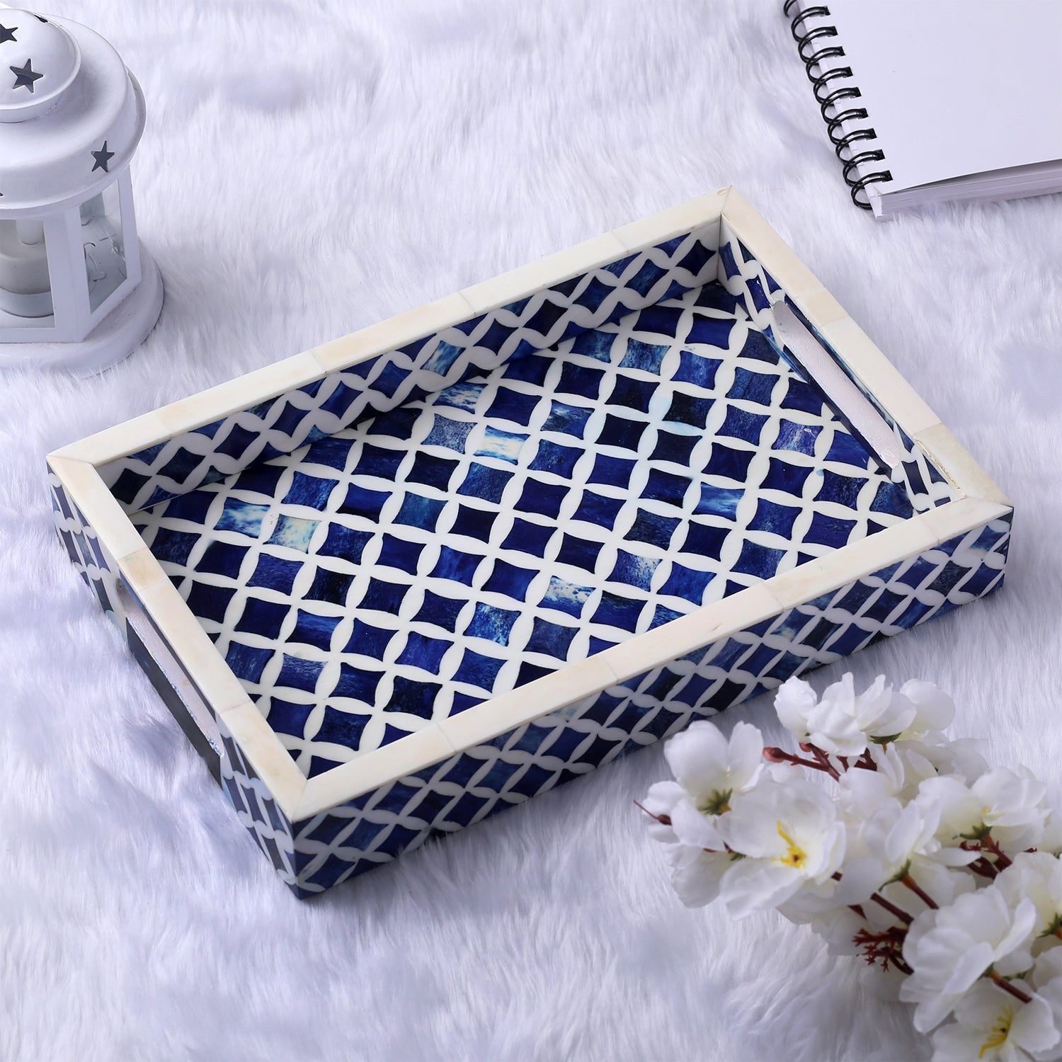 Decorative Tray Indigo Collection Bone & Resin Inlay, Blue & White, 12"x 8"