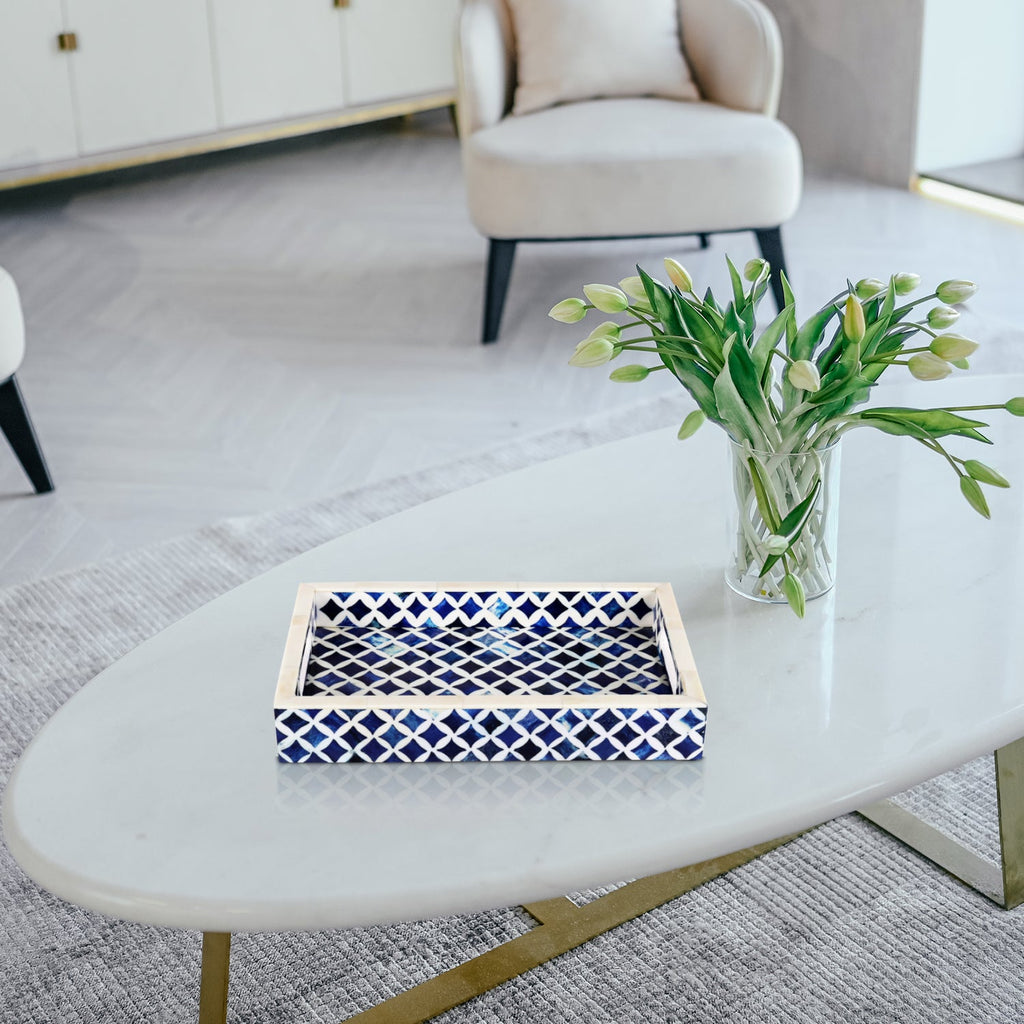 Decorative Tray Indigo Collection Bone & Resin Inlay, Blue & White, 12"x 8"
