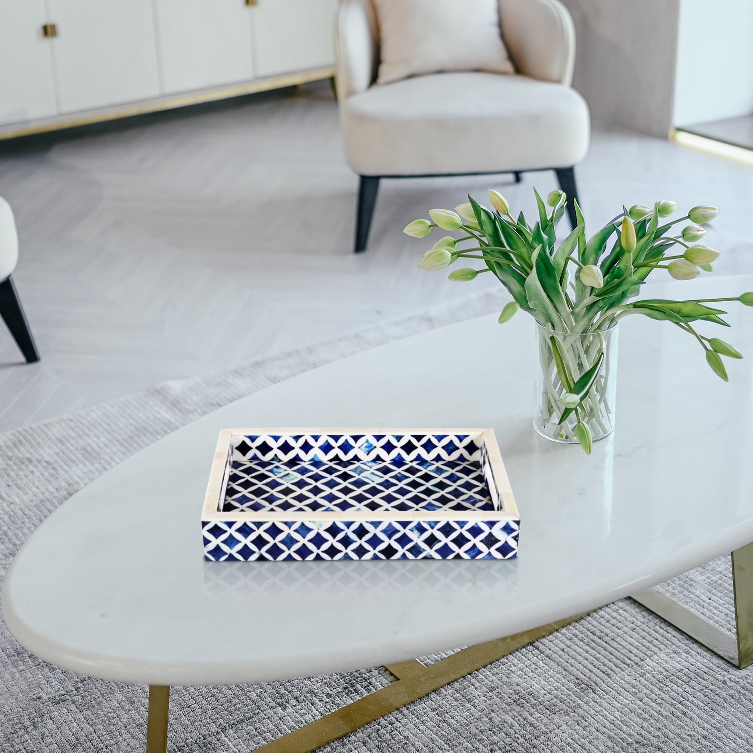 Decorative Tray Indigo Collection Bone & Resin Inlay, Blue & White, 12"x 8"