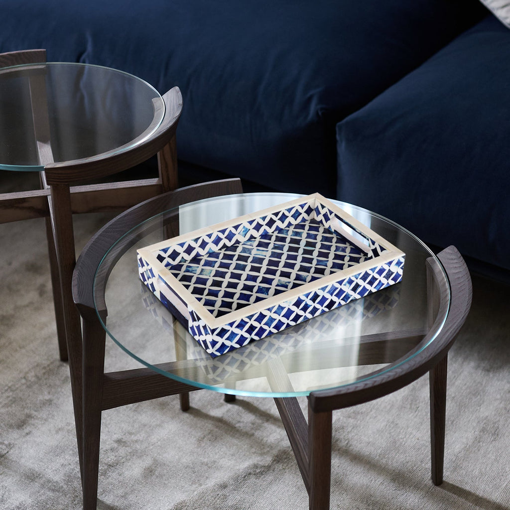 Decorative Tray Indigo Collection Bone & Resin Inlay, Blue & White, 12"x 8"