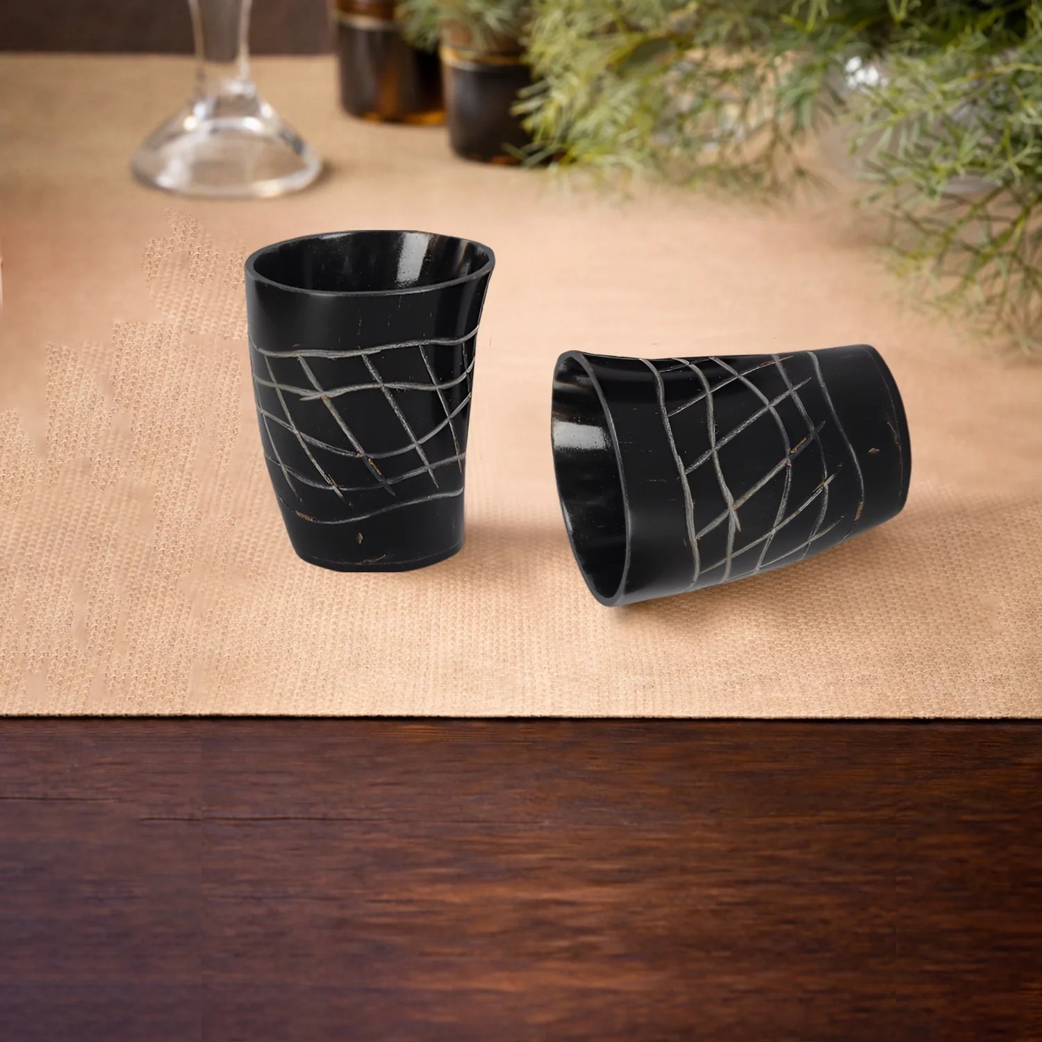 Whiskey Shot Cups Set Web Pattern Real Ox Horn 6.5 oz, Pack 4, 8 & 12