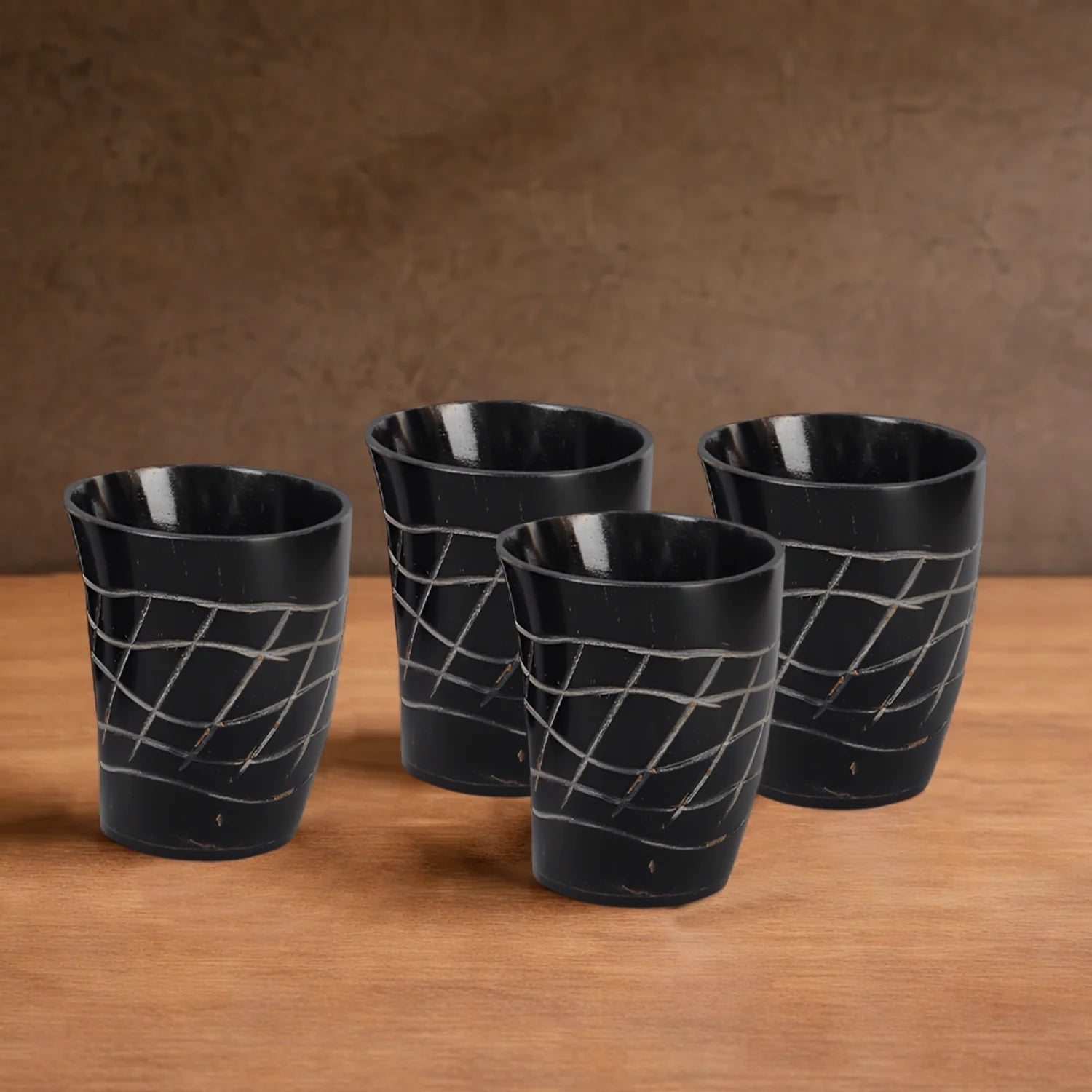 Whiskey Shot Cups Set Web Pattern Real Ox Horn 6.5 oz, Pack 4, 8 & 12