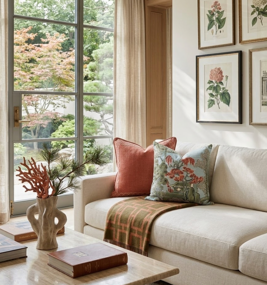 Asian Scenic Pillow Cover in Robins Egg, Thibaut Pillows