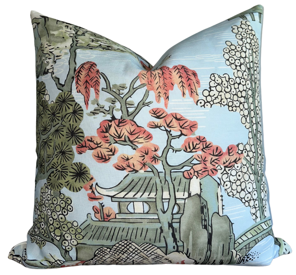 Asian Scenic Pillow Cover in Robins Egg, Thibaut Pillows